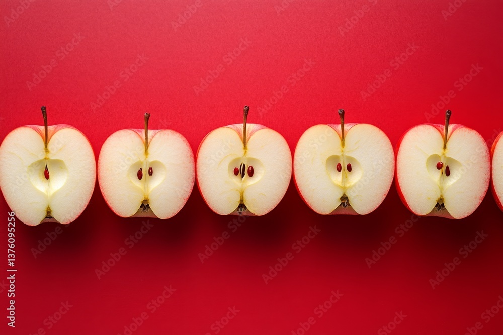 Poster five halves of red apples are arranged in a horizontal line on a vibrant red background, creating a 