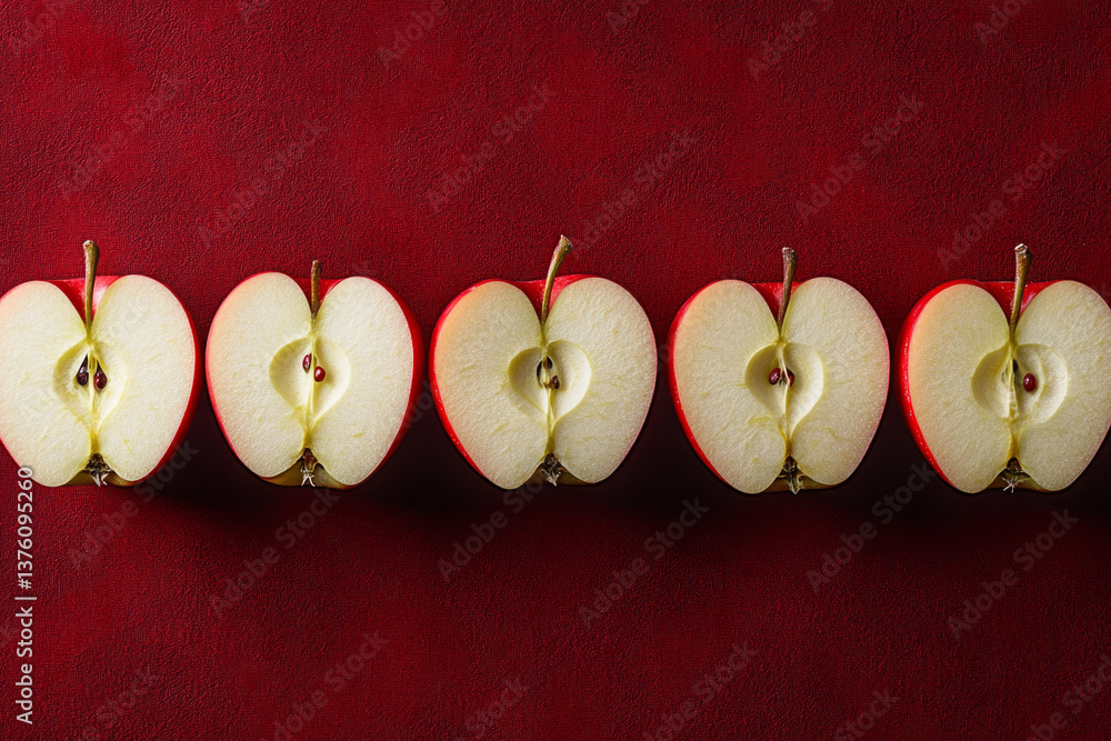 Poster five red apples cut in half and arranged in a row on a red background create a visually appealing pa