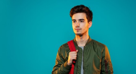 Obraz premium Young man with backpack on vibrant teal background in casual jacket