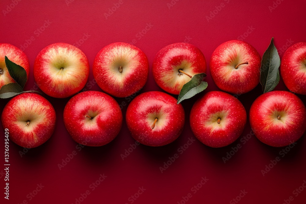 Poster ripe red apples with green leaves are arranged in a horizontal row on a vibrant red background, crea