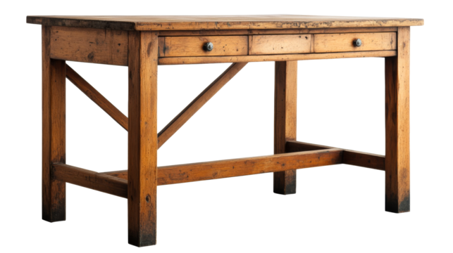 Rustic Wooden Desk with Drawers and Cross Bracing, cut out transparent