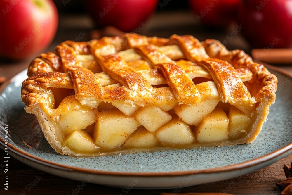 Poster slice of fresh apple pie with lattice crust, showing the apple filling, on a rustic table