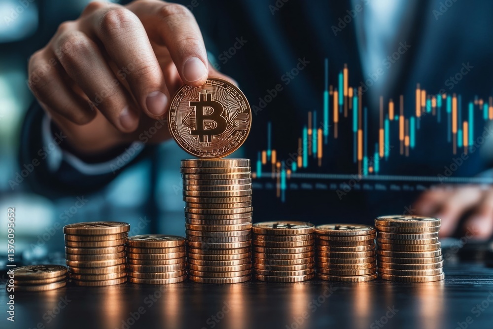 Poster businessman adding a bitcoin to a stack of coins, symbolizing investment growth in cryptocurrency wi