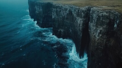 Dramatic coastal cliffs meet a stormy ocean.