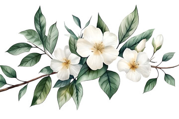 Obraz premium Watercolor of Tropical spring floral green leaves and flowers s isolated on transparent png background, bouquets greeting or wedding card decoration, with Generative Ai.