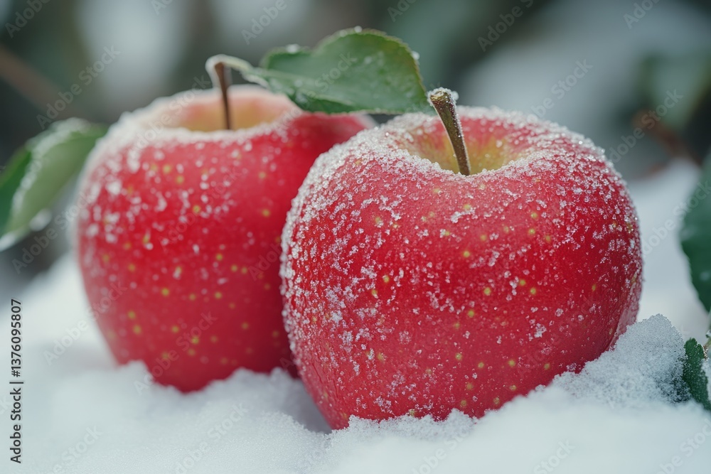 Poster two ripe red apples covered with delicate frost rest on a bed of fresh snow while snowflakes gently 