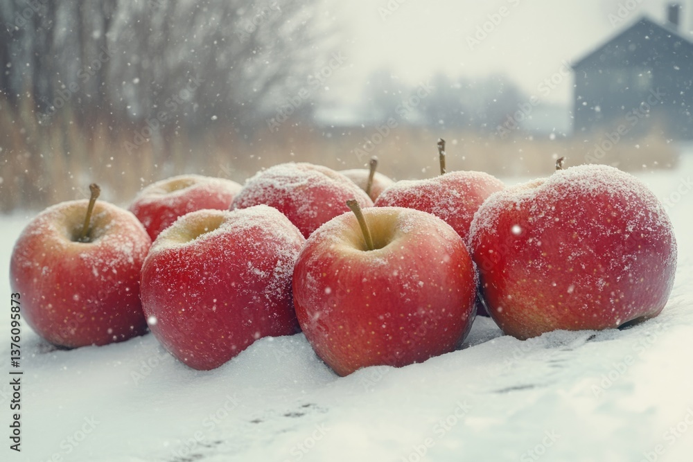 Poster red apples lying on snow during a snowfall in winter with a blurred background