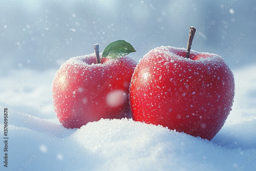 Poster two ripe red apples covered with delicate frost rest on a bed of fresh snow while snowflakes gently 