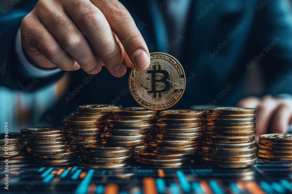 Poster businessman adding a bitcoin to a stack of coins, symbolizing investment and growth in cryptocurrenc