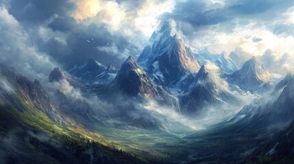 Majestic mountain range peaks piercing through clouds, valley with lush greenery, and snowy mountain tops.