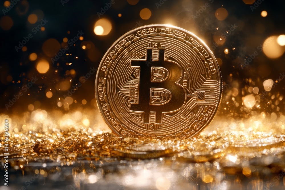 Poster bitcoin standing on gold dust and reflecting light particles, representing the digital currency's va
