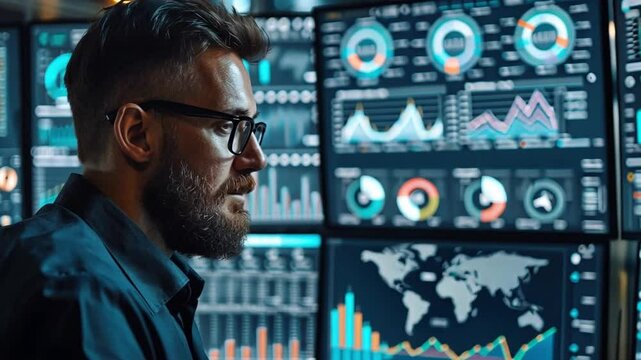 Professionals analyze complex data visualizations for insightful business decision-making in a modern workspace