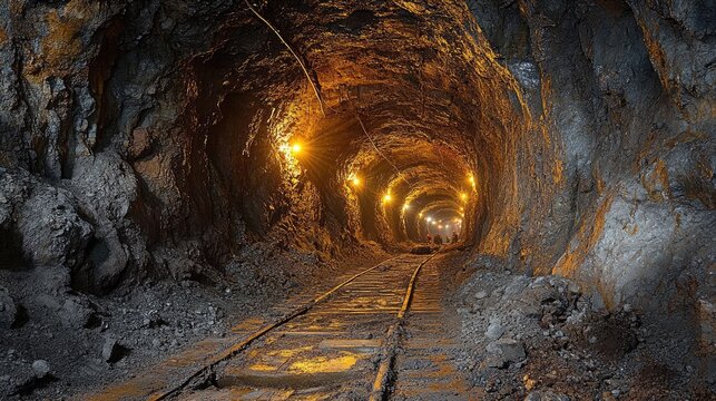 An illuminated mining tunnel with rail tracks leads into distance