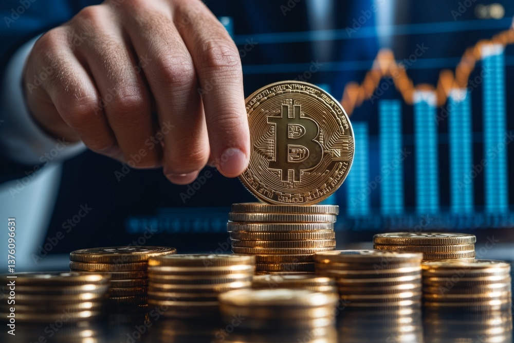 Aufkleber businessman adding a bitcoin to a stack of bitcoins with a rising price graph in background, showcas