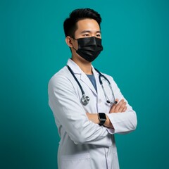 Confident doctor with crossed arms wearing a medical mask and stethoscope on turquoise background