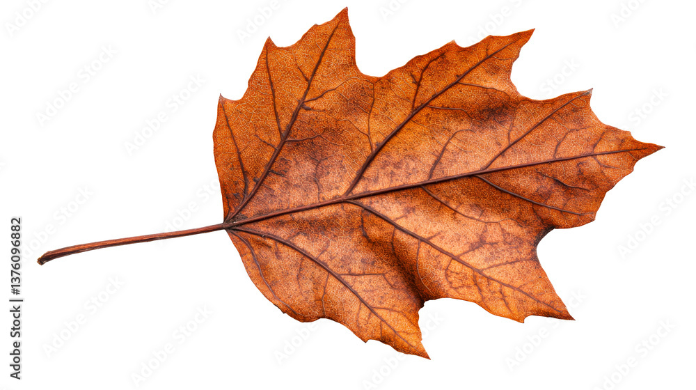 Sticker autumn maple leaf with intricate veins and patterns, cut out transparent
