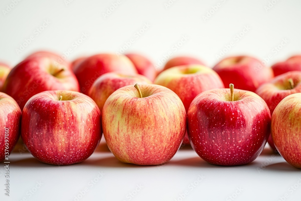 Poster ripe red apples lined up on a white background, creating a vibrant and tempting display