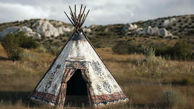 Traditional Native American tipi set against a rugged landscape during the afternoon light in a serene outdoor environment