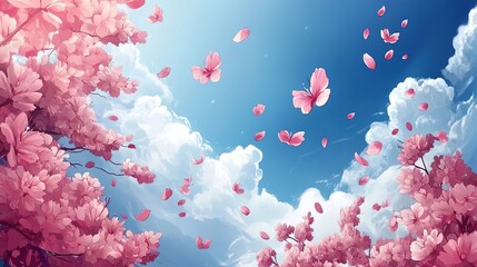 Beautiful anime-style background with pink cherry blossoms and a blue sky, white clouds, in a watercolor painting style, high resolution, high detail, and high quality
