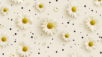 Obraz premium A bunch of white daisies on a white background with black dots