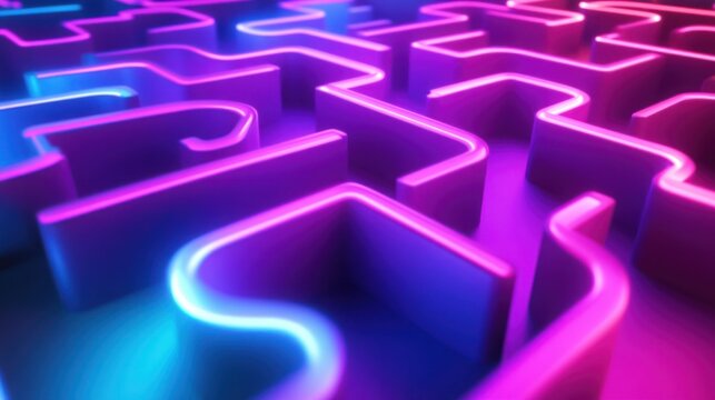 A neon lit maze of abstract curving purple pathways is shown