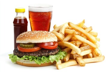 Classic fast food meal.  A juicy burger, crispy fries, a refreshing beer, and a sweet sauce.  A perfect quick meal