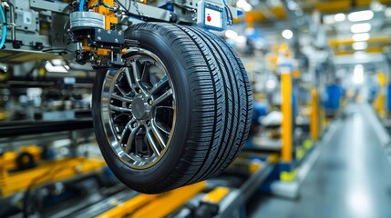 Automated car tire installation robotic system in automobile factory