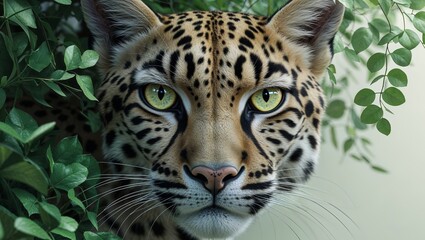 Wild Predator in Lush Greenery A Stunning CloseUp of a Spotted Feline with Intense Eyes and V.