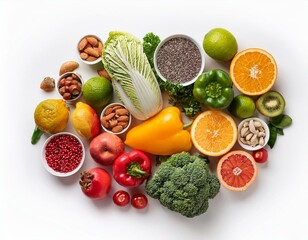 Healthy food isolated on white background. Different fruits and vegetables. Top view. 