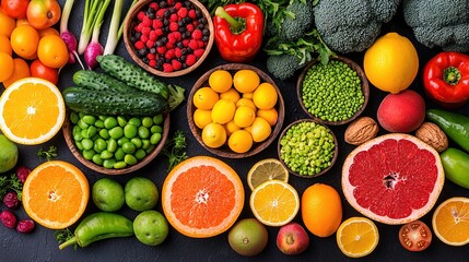 Vibrant fresh produce display market food photography natural light overhead view healthy eating concept