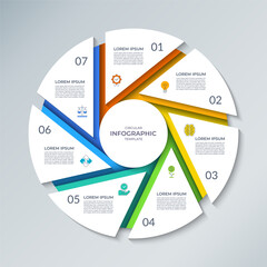 Vector infographic circle. Cycle diagram with 7 steps. Round chart that can be used for report, business analytics, educational resources, marketing materials, visualizing data, presentations.