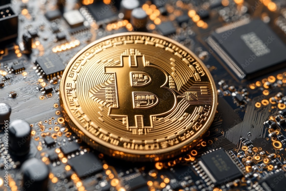 Poster bitcoin cryptocurrency resting on a computer motherboard, symbolizing the connection between digital