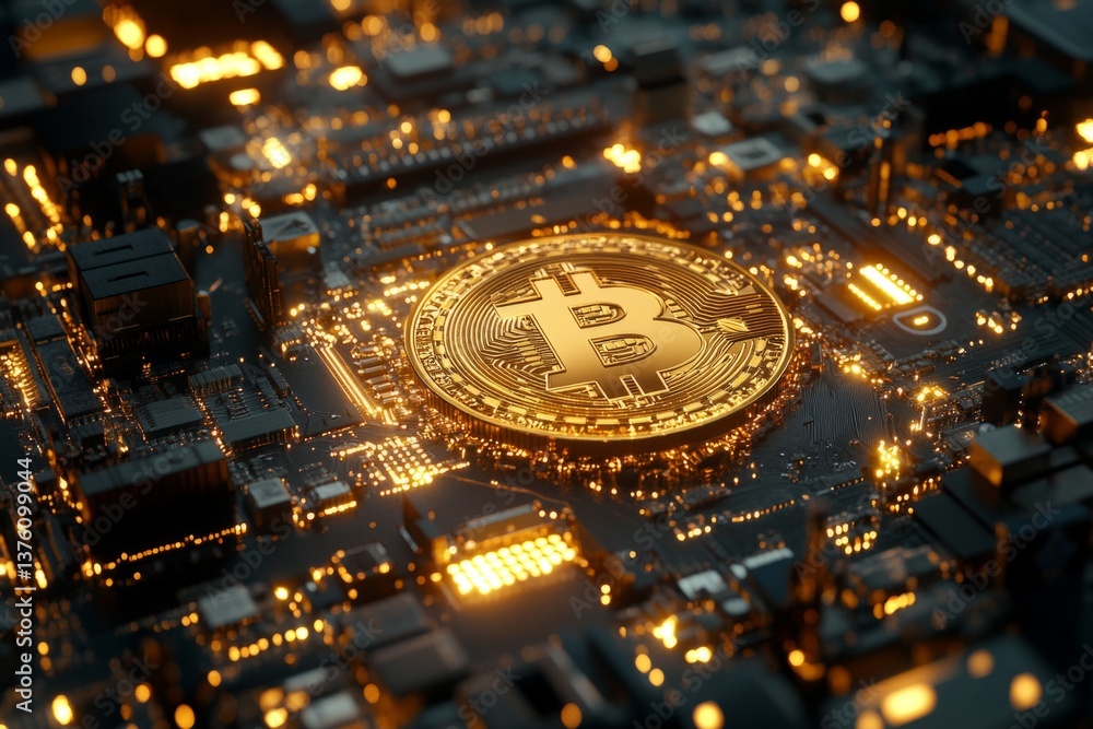 Poster gold bitcoin standing on a computer circuit board is glowing, suggesting the concept of cryptocurren