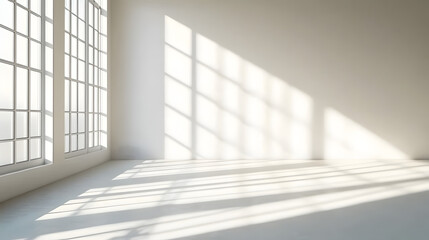 Obraz premium A clean, white room with sunlight streaming in through the window, casting shadows on an empty wall