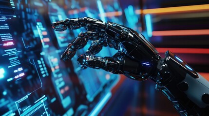 A robotic hand interacting with a holographic data visualization, representing AI-driven analytics.