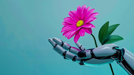 A robot hand holding a pink flower in its palm
