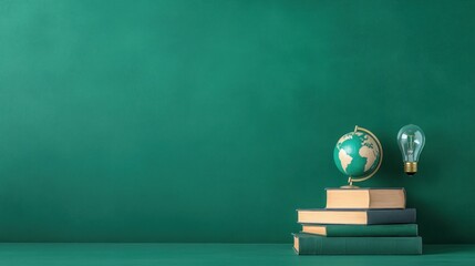 Global Education Concept: Books, Globe, and Idea Bulb on Green Background