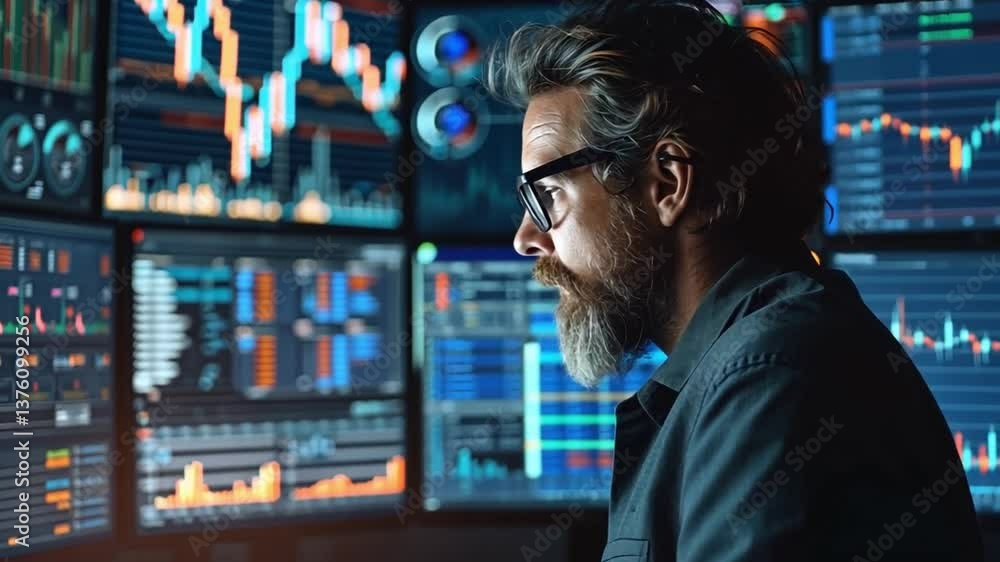 Poster data analyst reviews complex datasets for business insights and trends in dynamic visual dashboards