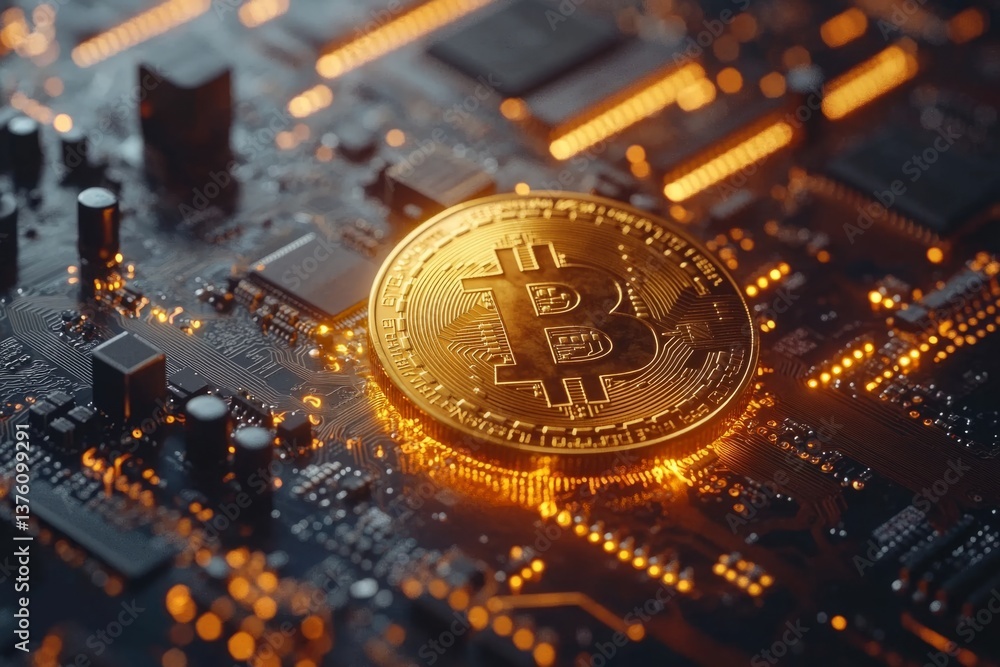 Poster golden bitcoin standing on a computer circuit board with glowing components, symbolizing the digital