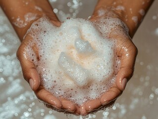 Fototapeta premium Hands cradling frothy lather with delicate water droplets, highlighting care