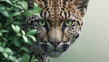 Obraz premium Wild Predator in Lush Greenery A Stunning CloseUp of a Spotted Feline with Intense Eyes and V