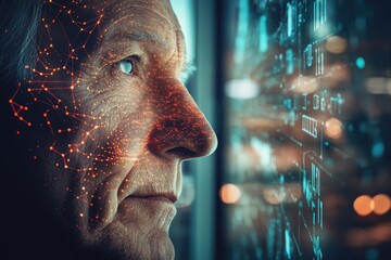 An elderly man's face is overlaid with a network of glowing lines, suggesting digital biometric analysis.