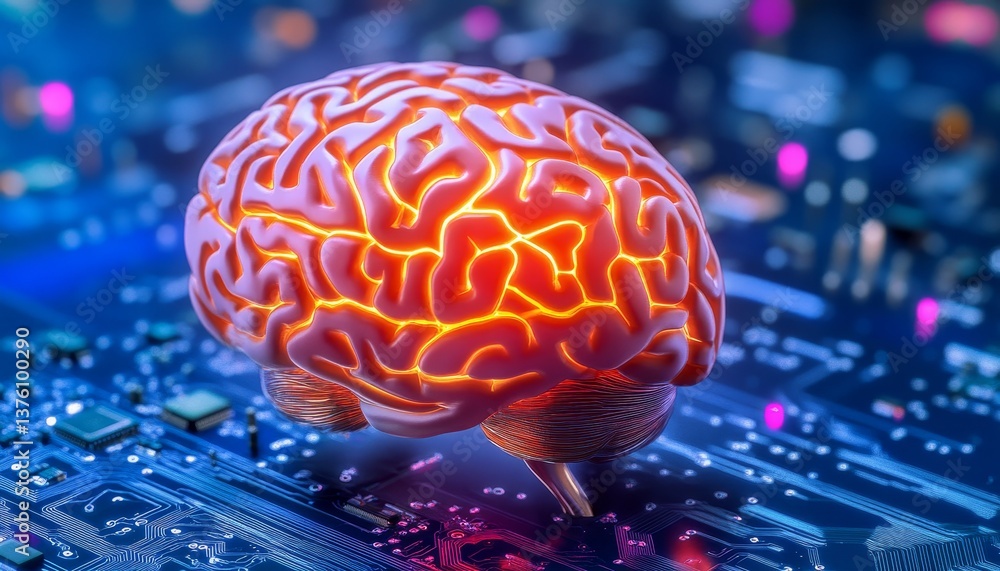 Poster glowing human brain on futuristic circuit board, artificial intelligence and neural network concept.
