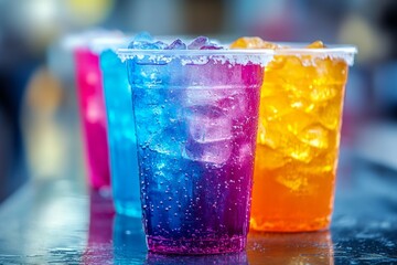 Vibrant summer drinks with ice in plastic glasses create a refreshing scene