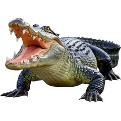 Obraz premium Crocodile on white background showing teeth and powerful jaws