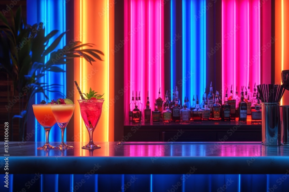 Poster refreshing cocktails are displayed on a bar counter with vibrant neon lights and liquor bottles in t