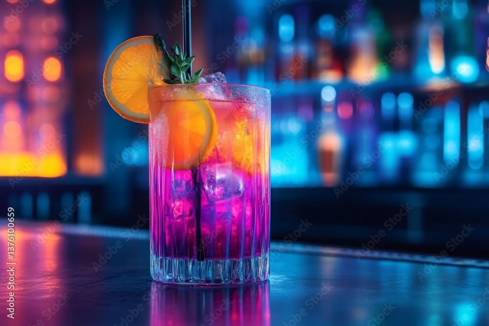 Poster vibrant mixed drink with orange slice and ice cubes sits on a bar counter with colorful blurred back