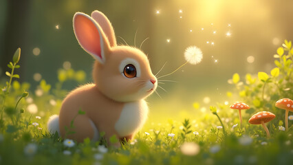 Adorable Baby Bunny in Enchanted Forest Surrounded by Mushrooms and Magical Dandelion Seeds – Cute Wildlife, Whimsical bunny, Fantasy Animal, Fairy Tale Scene, Dreamy Illustration, Storybook Easter 