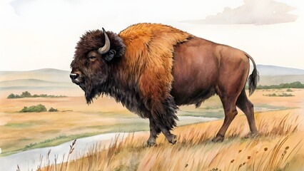 Majestic bison stands proudly in a grassy meadow near a serene river during a tranquil morning © kartepenok