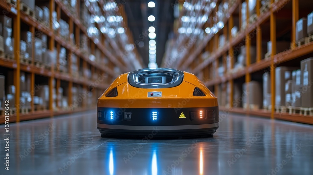 Aufkleber An automated robot transports goods efficiently through a well organized logistics center, optimizing storage and fulfillment processes in a modern warehouse environment.